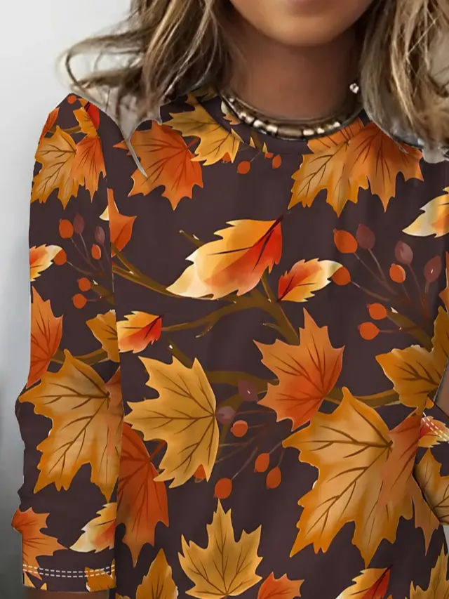 Women Maple Leaf Long Sleeve Tee T-shirt Crew Neck Printing Casual Spring/Fall Graphic Tee Top