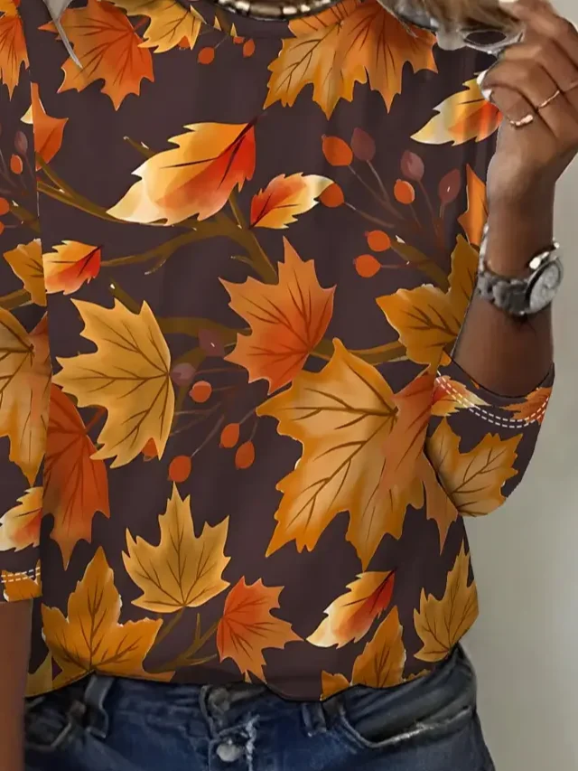 Women Maple Leaf Long Sleeve Tee T-shirt Crew Neck Printing Casual Spring/Fall Graphic Tee Top