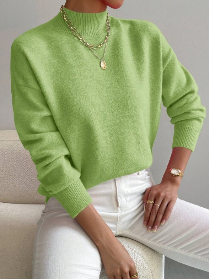 Women Plain Split Joint Winter Street Long Sleeve Mock Neck Sweater