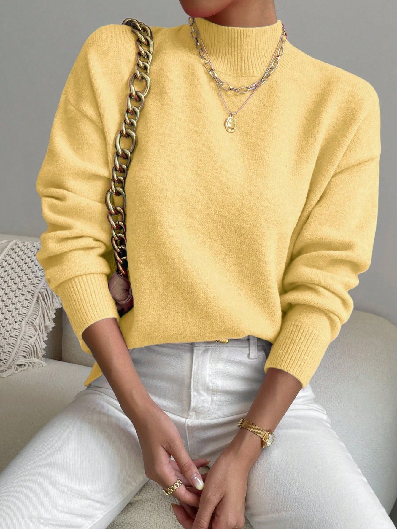 Women Plain Split Joint Winter Street Long Sleeve Mock Neck Sweater