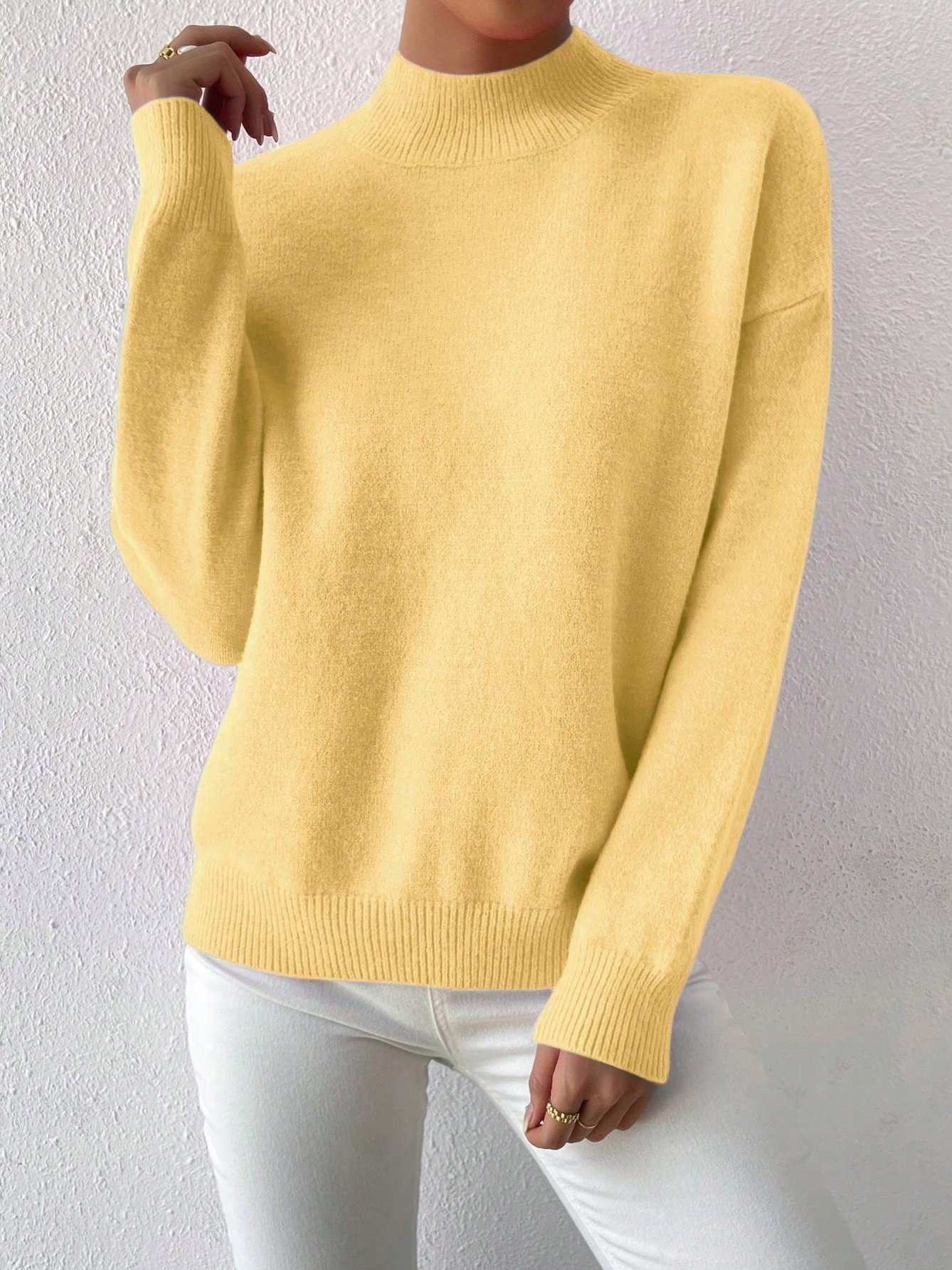 Women Plain Split Joint Winter Street Long Sleeve Mock Neck Sweater