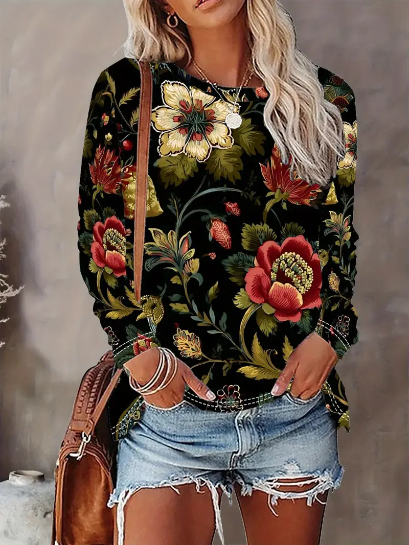 Women Floral Long Sleeve Tee T-shirt Crew Neck Printing Casual Spring/Fall Graphic Tee Top