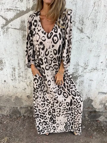 Women Floral Long Sleeve Spring/Fall Printing Dress V Neck Balloon Sleeve Daily Vintage Maxi T-Shirt Dress A-Line Dress