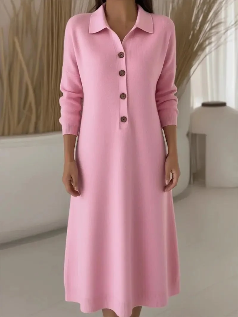 Women Plain Long Sleeve Autumn Dress Shawl Collar Daily Casual Maxi H-Line Dress