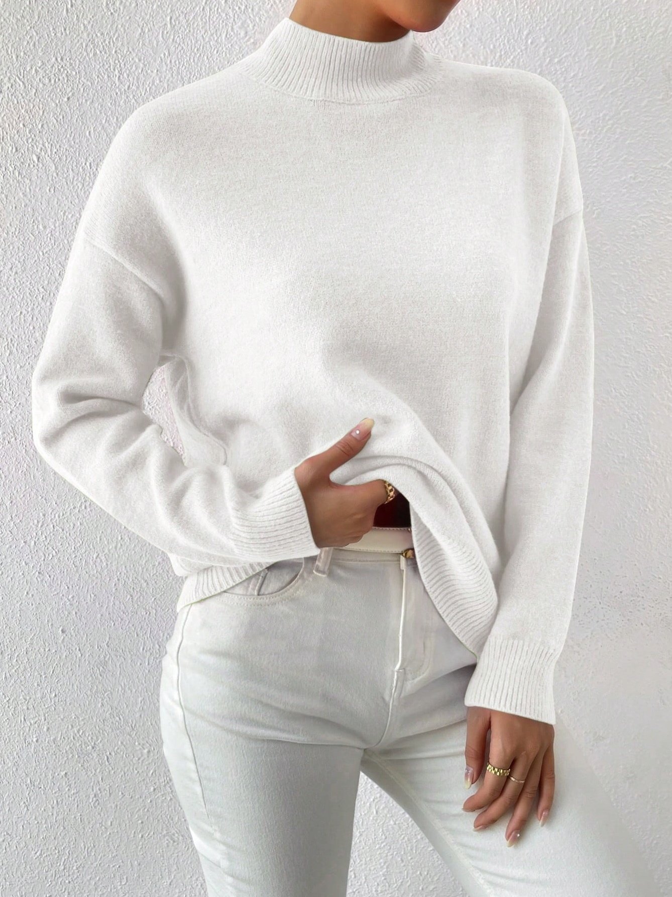 Women Plain Split Joint Winter Street Long Sleeve Mock Neck Sweater