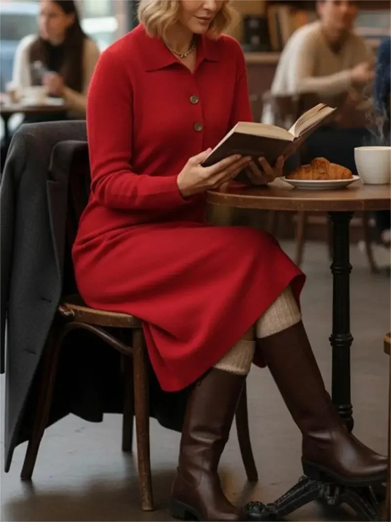 Women Plain Long Sleeve Autumn Dress Shawl Collar Daily Casual Maxi H-Line Dress