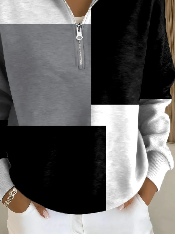 Women Multicolor Block Shawl Collar Printing Casual Spring/Fall Long Sleeve Sweatshirt