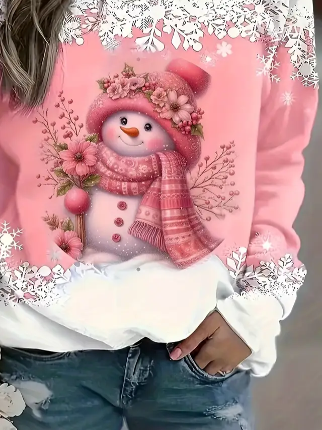 Women Christmas Snowman Long Sleeve Tee T-shirt Crew Neck Printing Casual Spring/Fall Graphic Tee Top