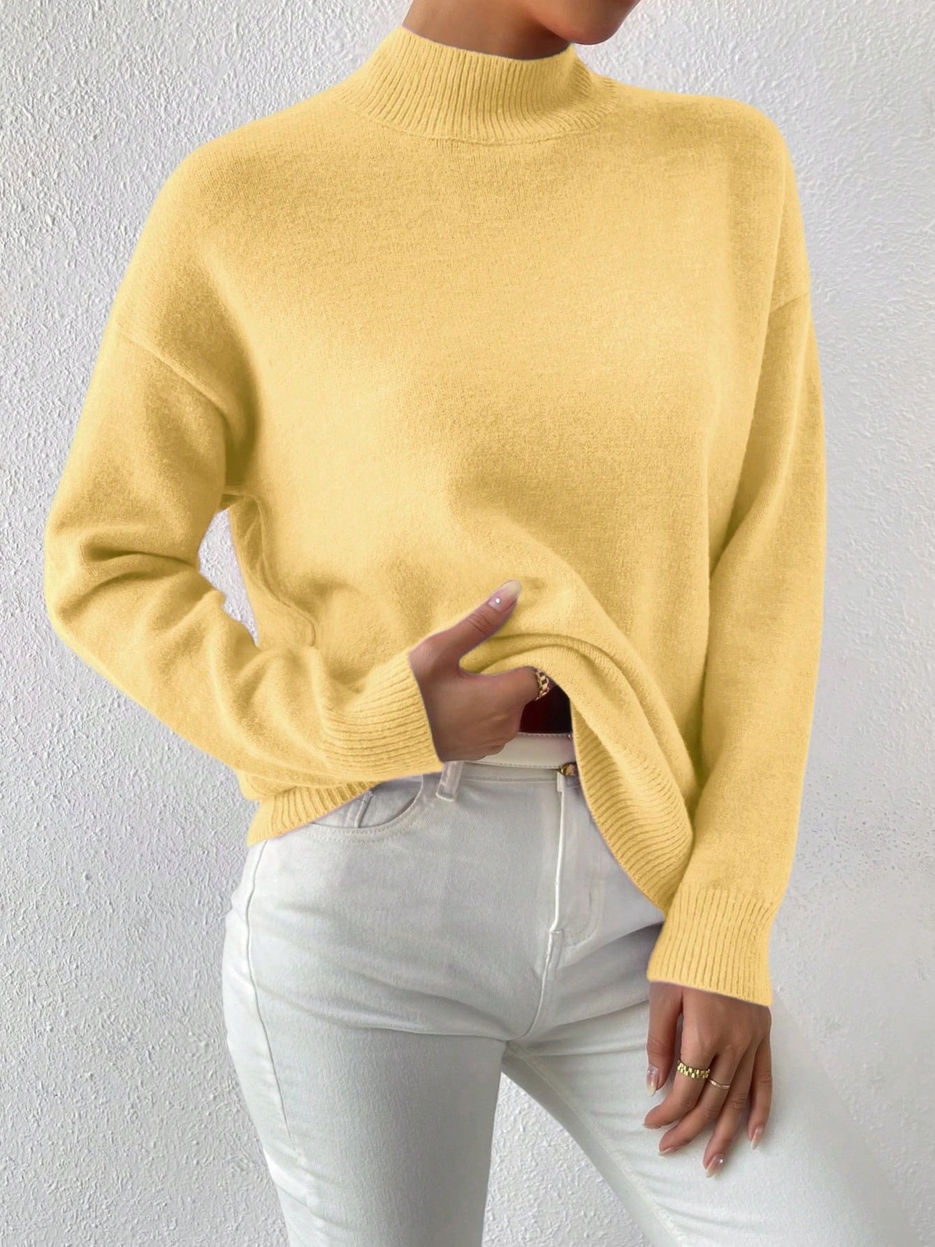 Women Plain Split Joint Winter Street Long Sleeve Mock Neck Sweater