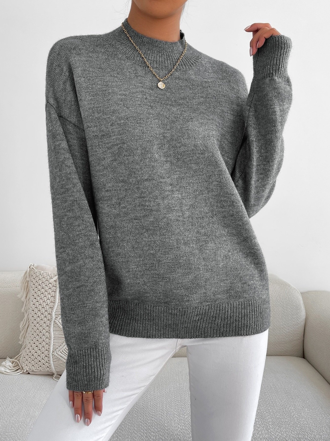 Women Plain Split Joint Winter Street Long Sleeve Mock Neck Sweater
