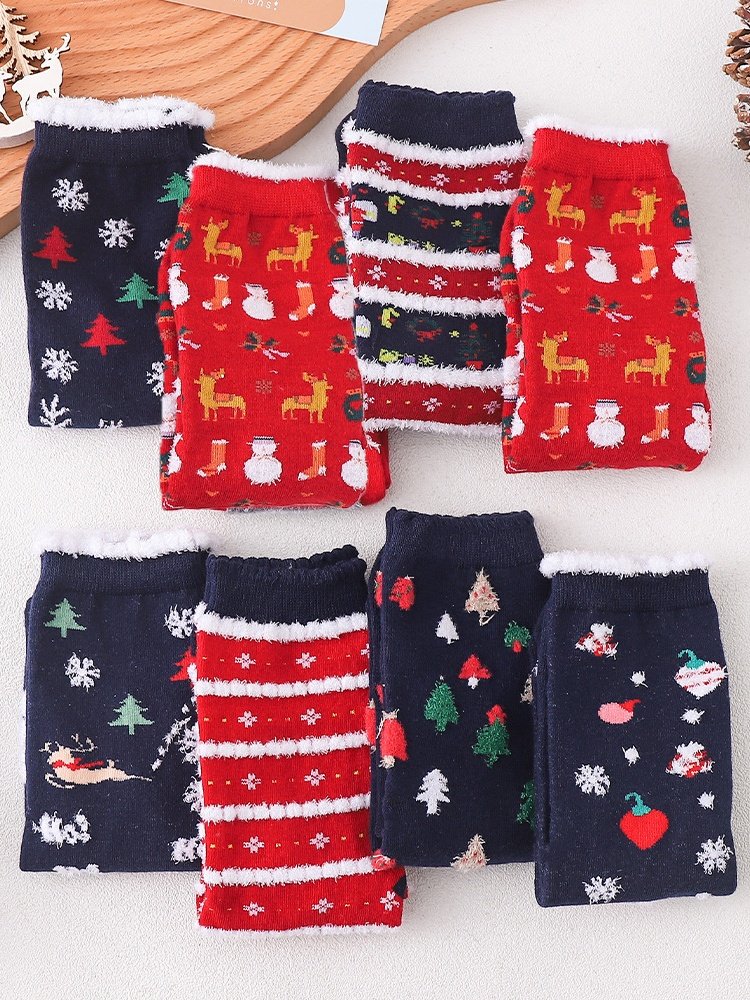 Women's Christmas Socks Autumn And Winter Fur Socks Santa Claus Elk Christmas Tree Snowman Snowflake Striped Gift Mid-tube Christmas Socks