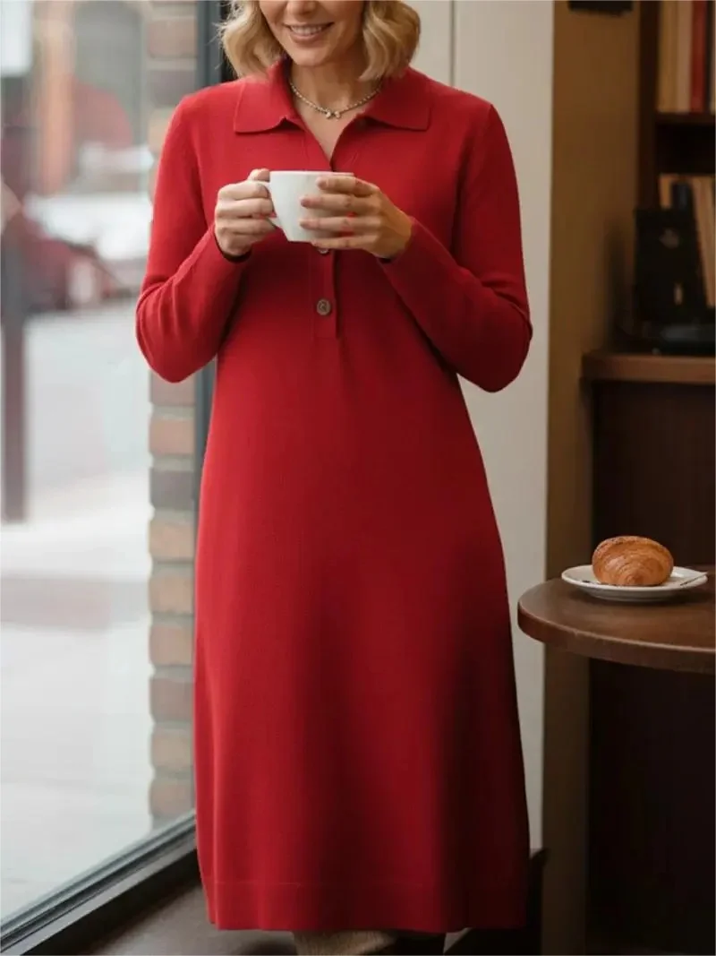 Women Plain Long Sleeve Autumn Dress Shawl Collar Daily Casual Maxi H-Line Dress