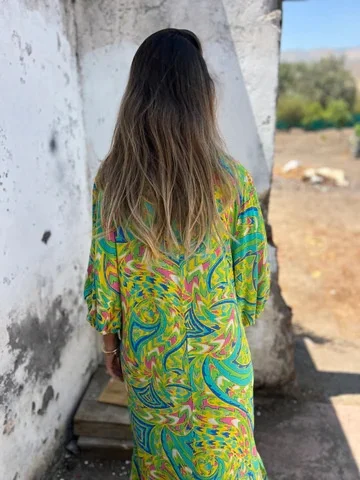 Women Floral Long Sleeve Spring/Fall Printing Dress V Neck Balloon Sleeve Daily Vintage Maxi T-Shirt Dress A-Line Dress