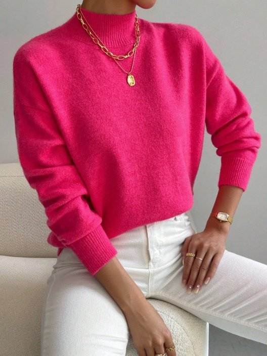 Women Plain Split Joint Winter Street Long Sleeve Mock Neck Sweater