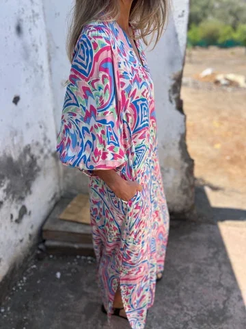 Women Floral Long Sleeve Spring/Fall Printing Dress V Neck Balloon Sleeve Daily Vintage Maxi T-Shirt Dress A-Line Dress