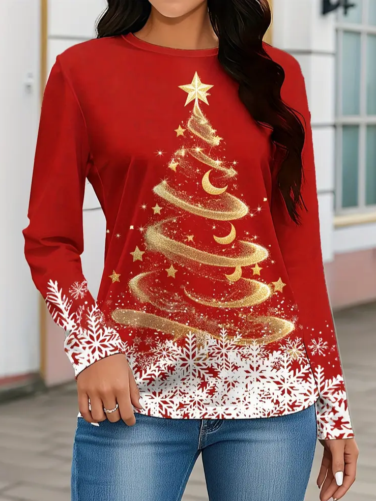 Women Christmas Long Sleeve Tee T-shirt Crew Neck Printing Casual Spring/Fall Graphic Tee Top