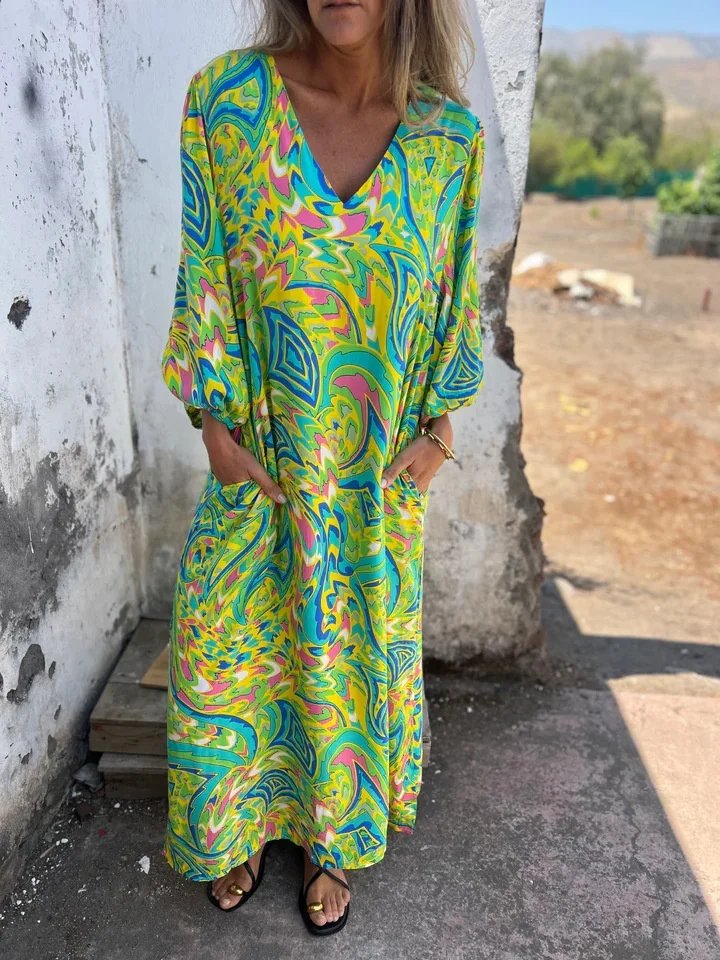 Women Floral Long Sleeve Spring/Fall Printing Dress V Neck Balloon Sleeve Daily Vintage Maxi T-Shirt Dress A-Line Dress