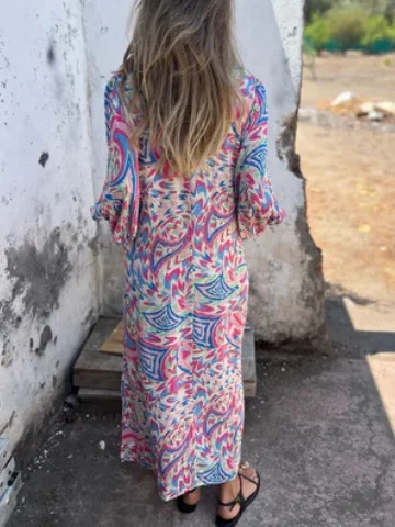 Women Floral Long Sleeve Spring/Fall Printing Dress V Neck Balloon Sleeve Daily Vintage Maxi T-Shirt Dress A-Line Dress