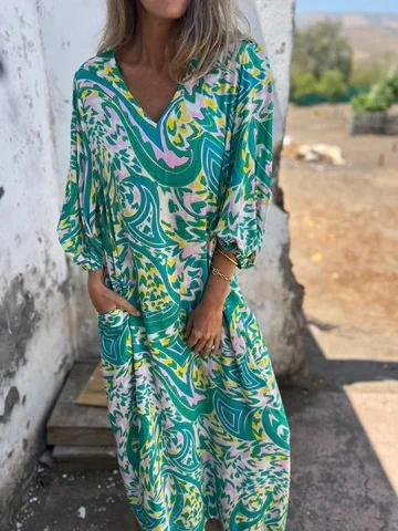 Women Floral Long Sleeve Spring/Fall Printing Dress V Neck Balloon Sleeve Daily Vintage Maxi T-Shirt Dress A-Line Dress