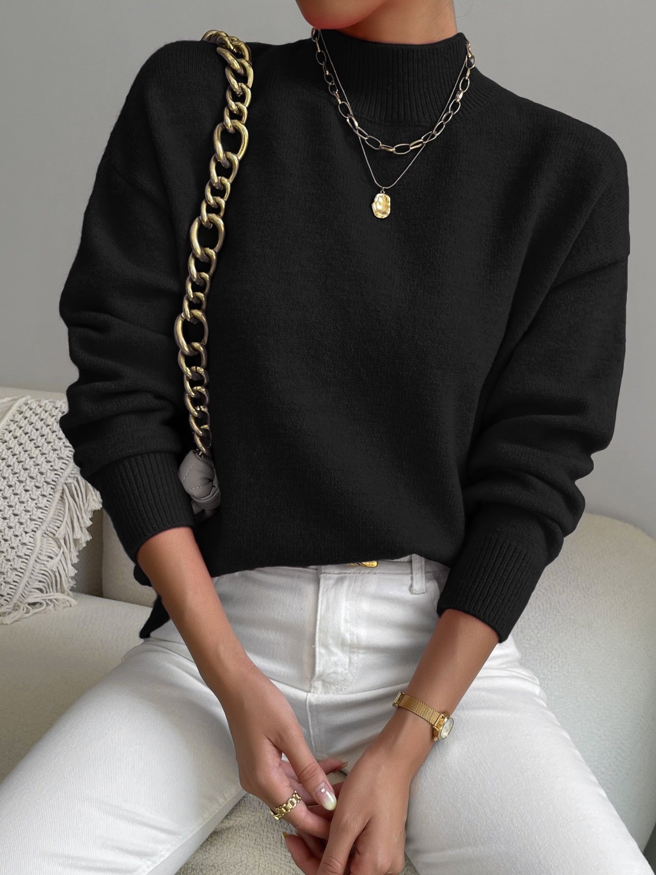 Women Plain Split Joint Winter Street Long Sleeve Mock Neck Sweater