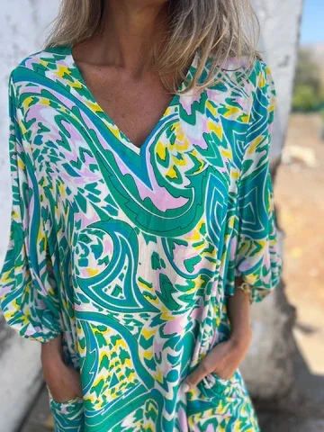 Women Floral Long Sleeve Spring/Fall Printing Dress V Neck Balloon Sleeve Daily Vintage Maxi T-Shirt Dress A-Line Dress