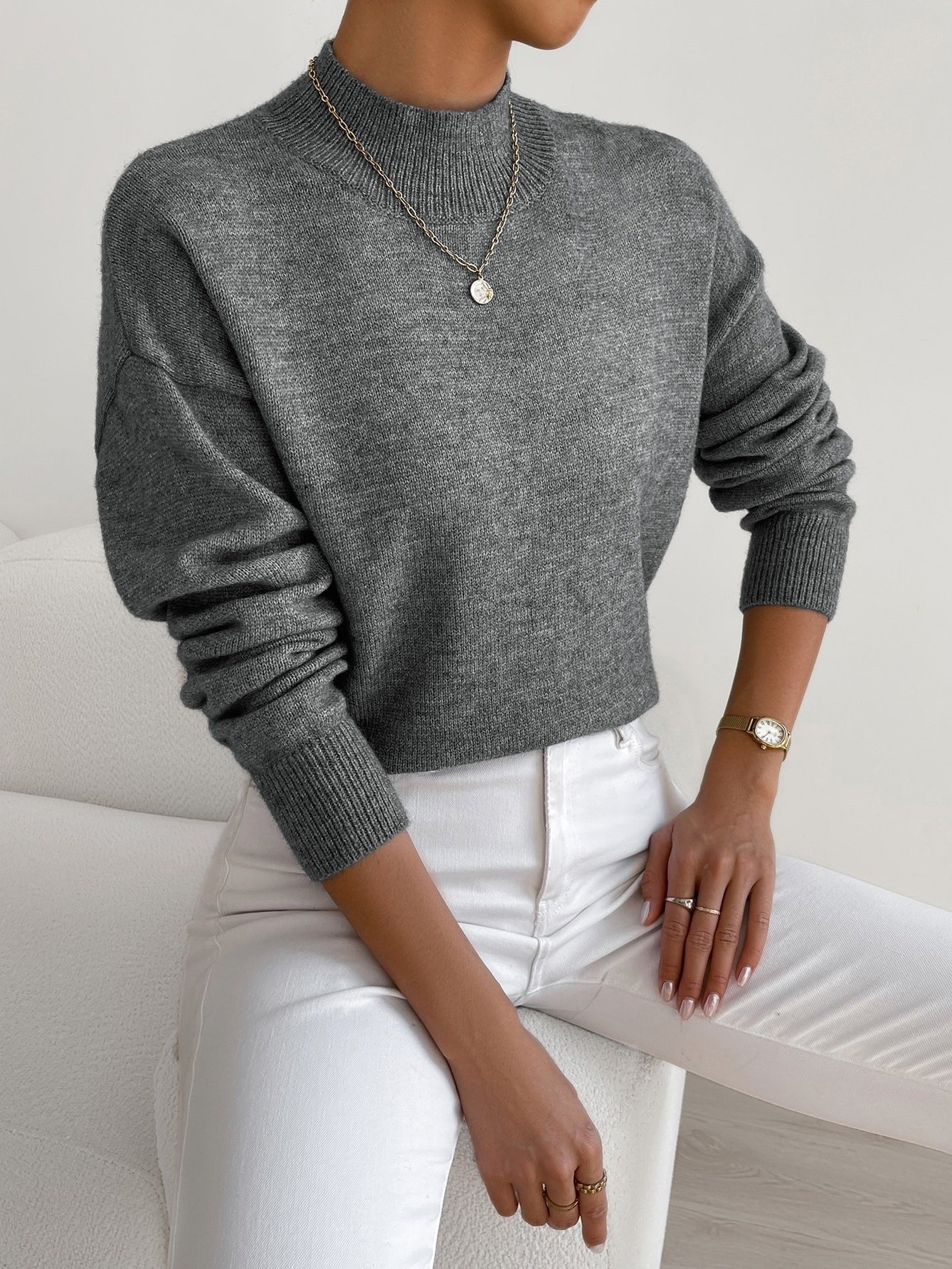Women Plain Split Joint Winter Street Long Sleeve Mock Neck Sweater