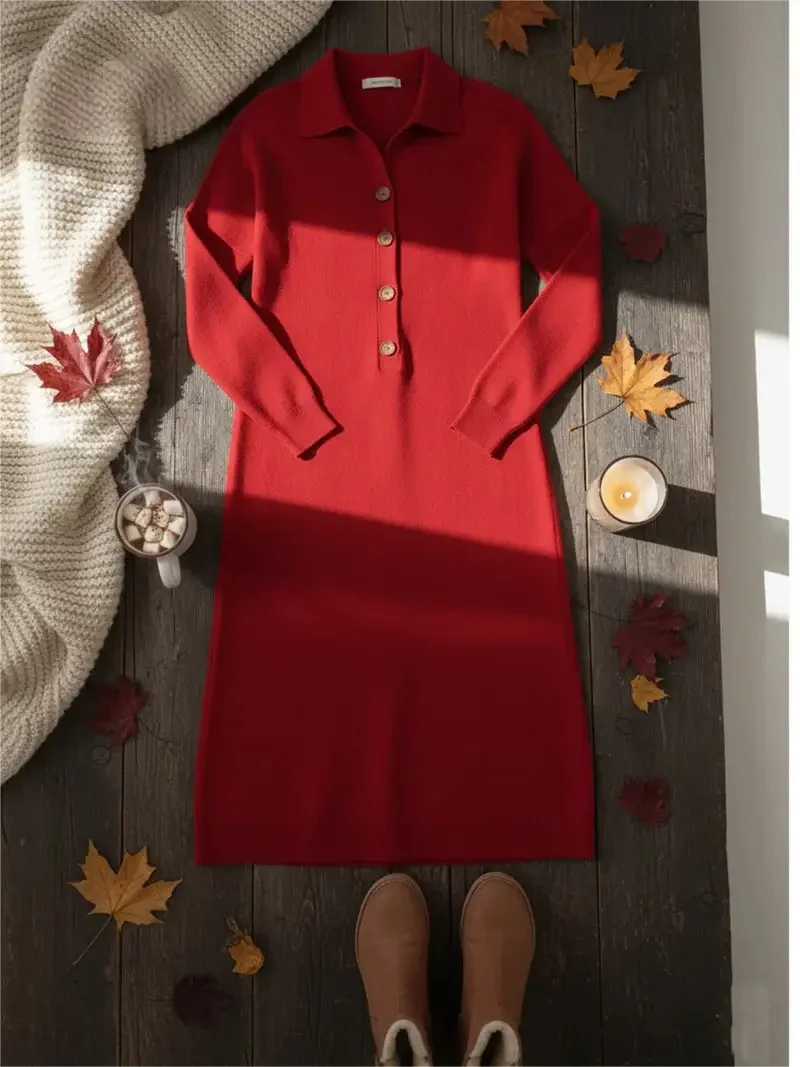Women Plain Long Sleeve Autumn Dress Shawl Collar Daily Casual Maxi H-Line Dress