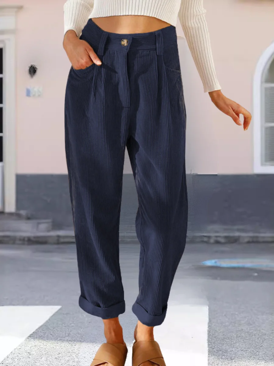 Women Plain Long Elastic Waist Pants Vintage Spring/Fall Trousers