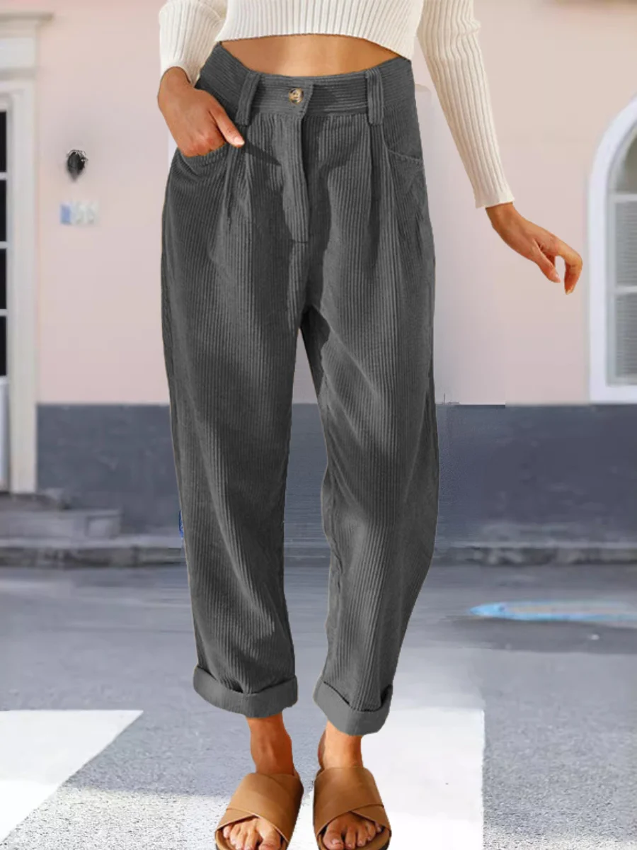 Women Plain Long Elastic Waist Pants Vintage Spring/Fall Trousers
