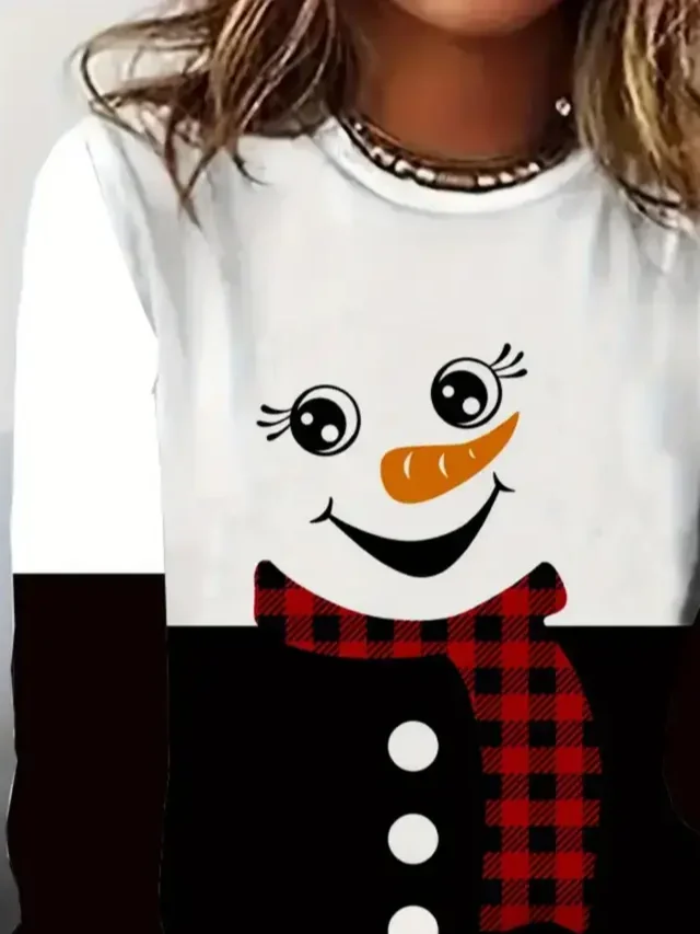 Women Christmas Snowman Long Sleeve Tee T-shirt Crew Neck Printing Casual Spring/Fall Graphic Tee Top