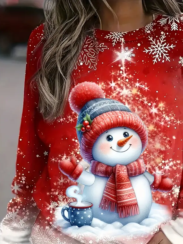 Women Christmas Snowman Long Sleeve Tee T-shirt Crew Neck Printing Casual Spring/Fall Graphic Tee Top