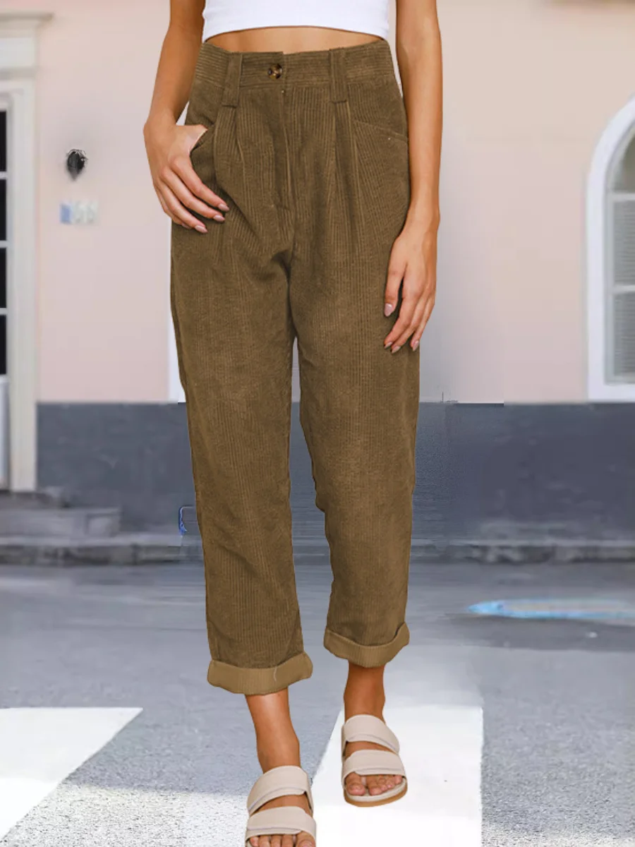 Women Plain Long Elastic Waist Pants Vintage Spring/Fall Trousers