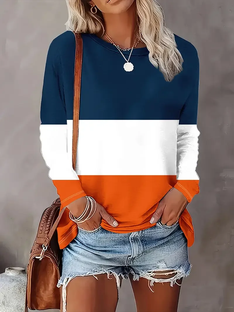 Women Multicolor Block Long Sleeve Tee T-shirt Crew Neck Printing Casual Spring/Fall Graphic Tee Top