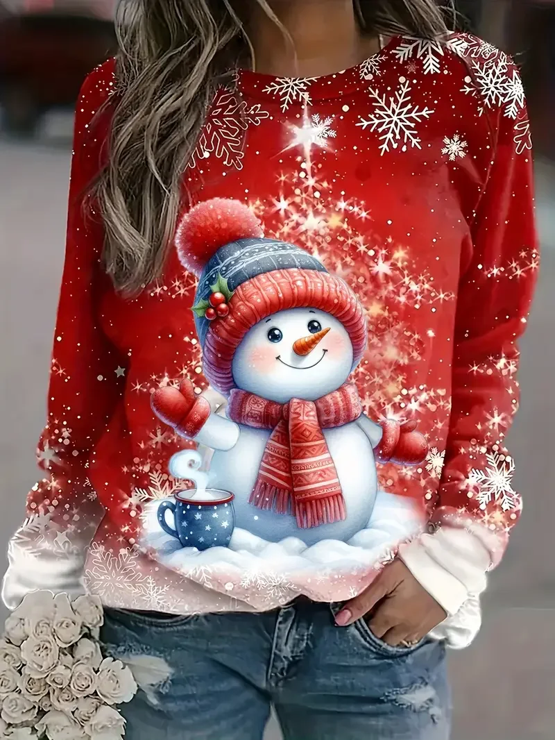 Women Christmas Snowman Long Sleeve Tee T-shirt Crew Neck Printing Casual Spring/Fall Graphic Tee Top