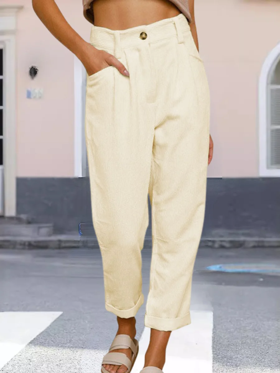Women Plain Long Elastic Waist Pants Vintage Spring/Fall Trousers