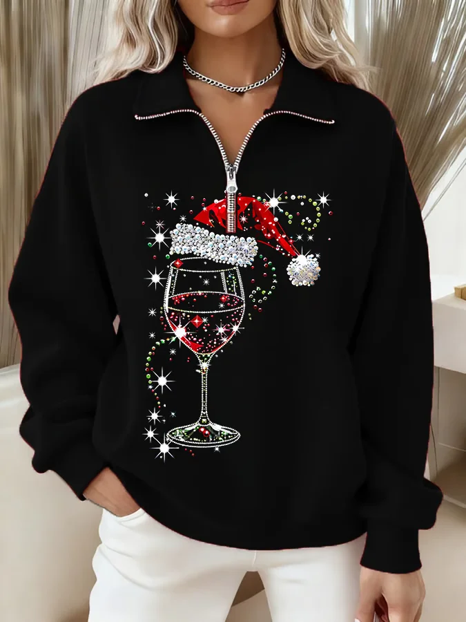 Women Christmas Shawl Collar Printing Casual Spring/Fall Long Sleeve Sweatshirt