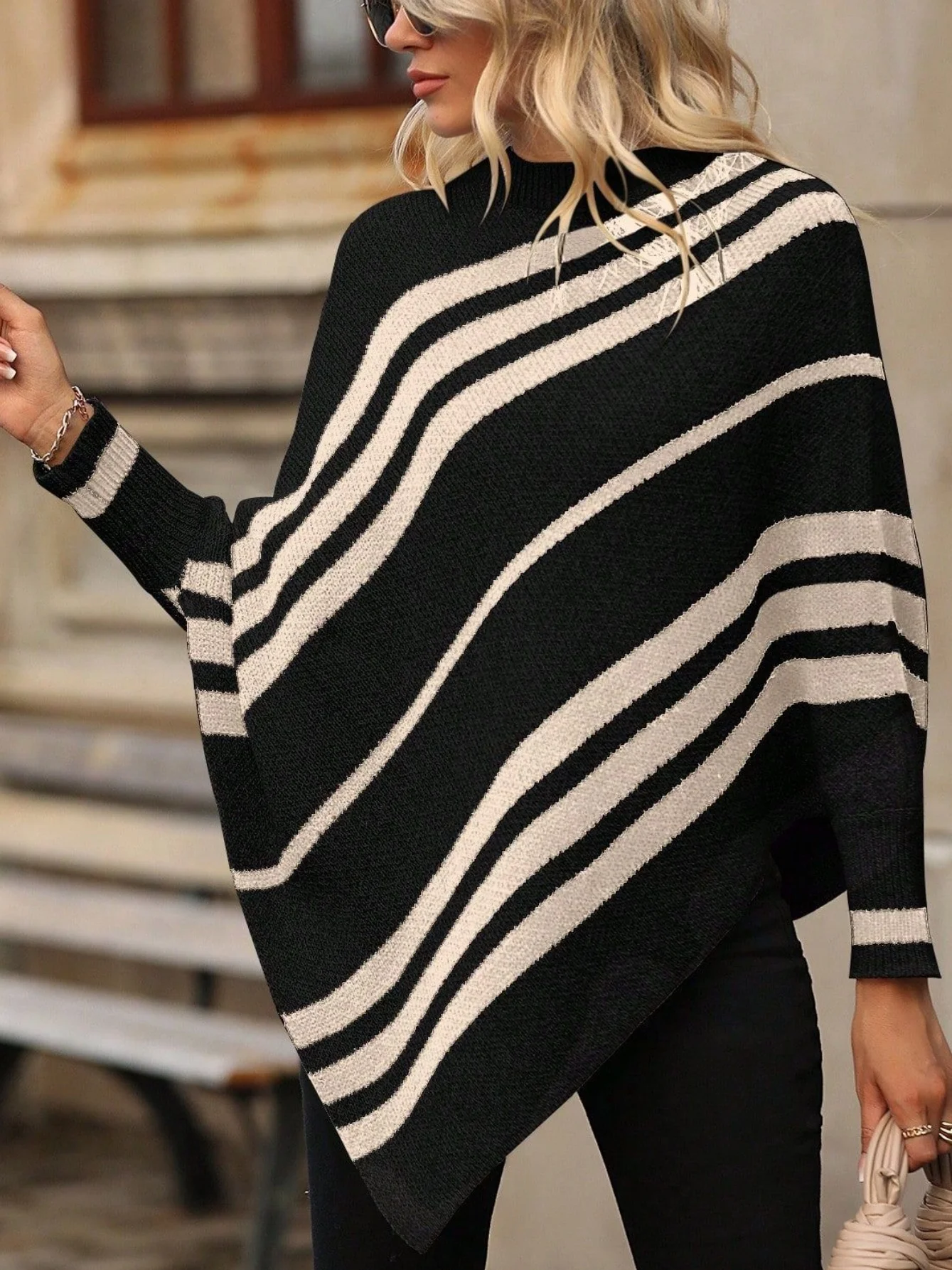 Women Striped Printing Winter Street Long Sleeve Mock Neck Sweater