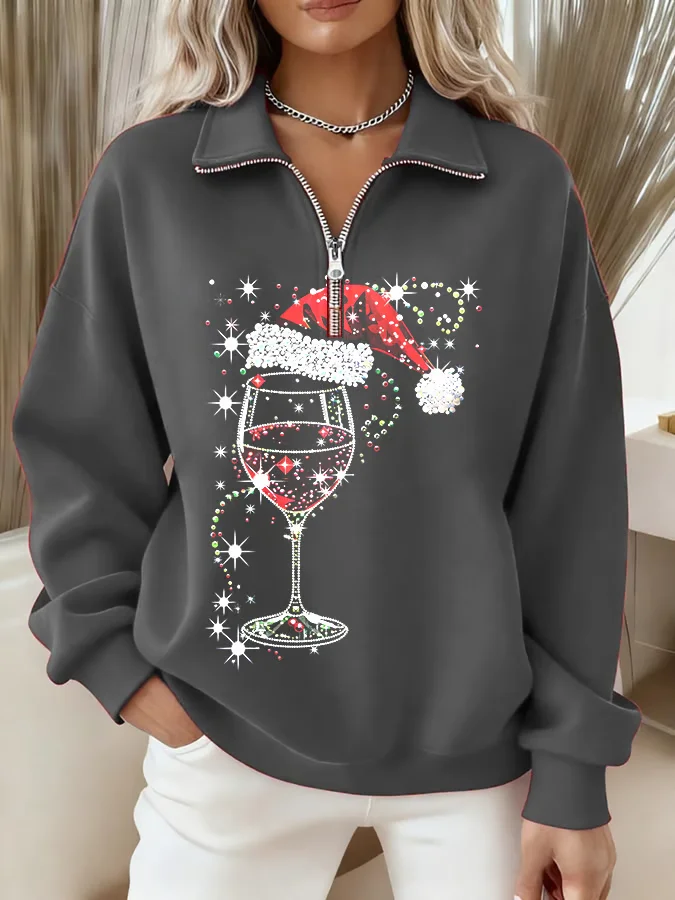 Women Christmas Shawl Collar Printing Casual Spring/Fall Long Sleeve Sweatshirt