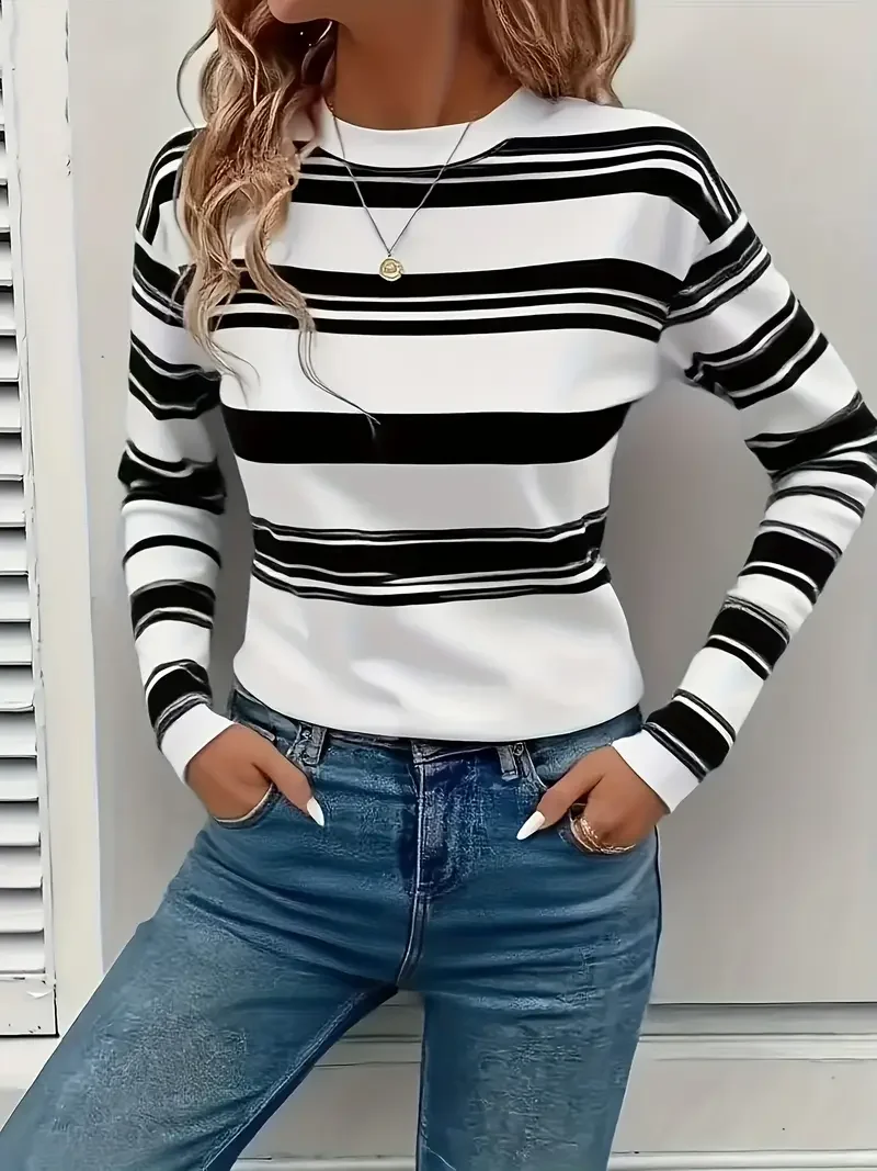 Women Striped Long Sleeve Tee T-shirt Crew Neck Printing Casual Spring/Fall Graphic Tee Top