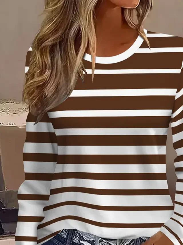 Women Striped Long Sleeve Tee T-shirt Crew Neck Printing Casual Spring/Fall Graphic Tee Top