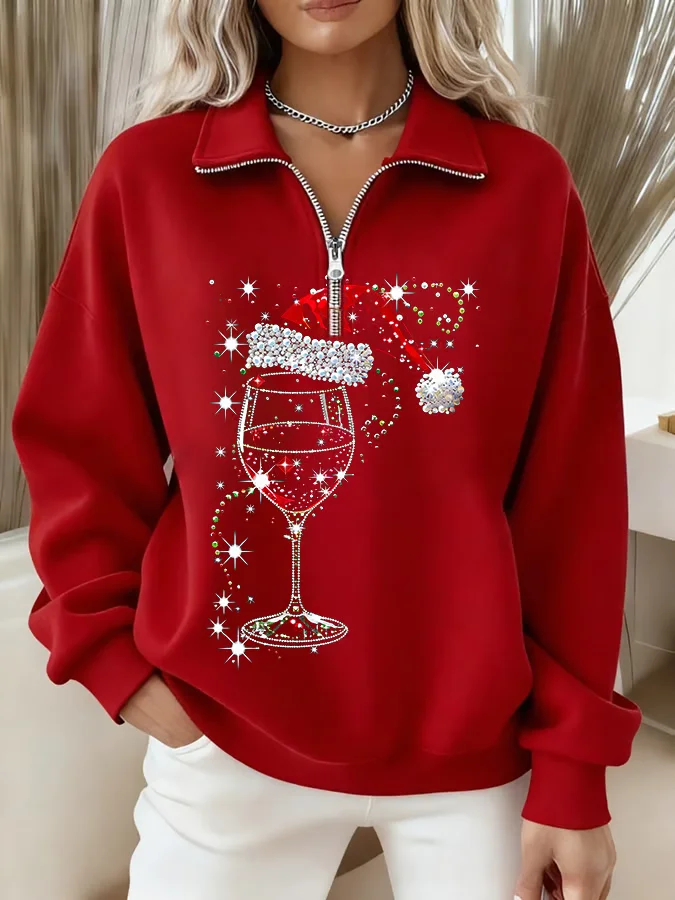 Women Christmas Shawl Collar Printing Casual Spring/Fall Long Sleeve Sweatshirt