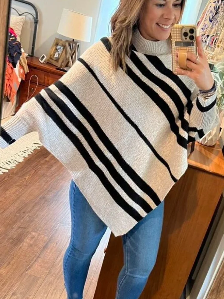 Women Striped Printing Winter Street Long Sleeve Mock Neck Sweater