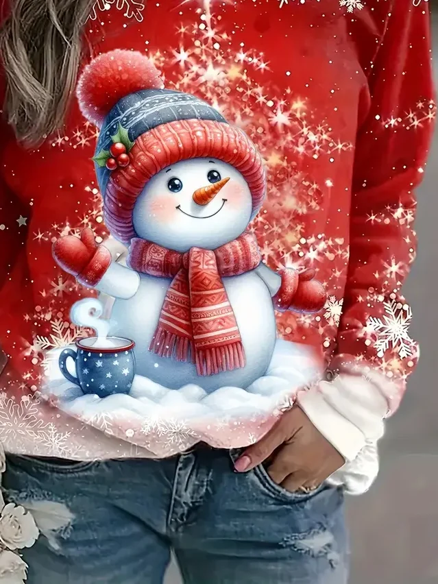 Women Christmas Snowman Long Sleeve Tee T-shirt Crew Neck Printing Casual Spring/Fall Graphic Tee Top