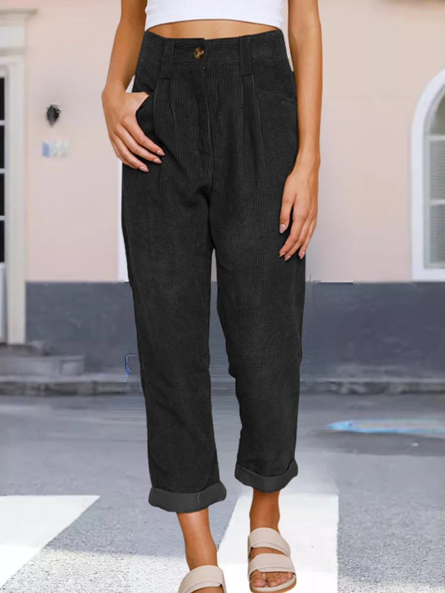 Women Plain Long Elastic Waist Pants Vintage Spring/Fall Trousers