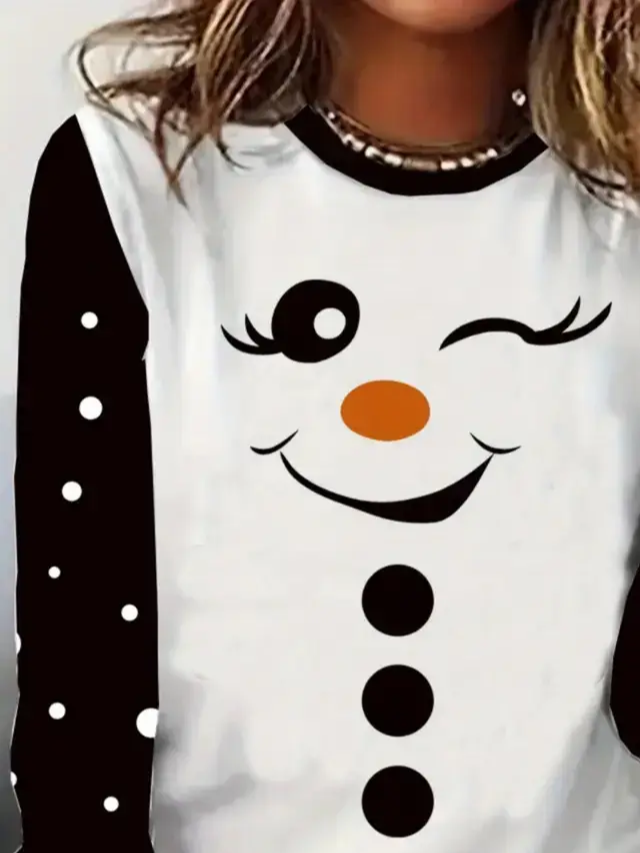 Women Christmas Snowman Long Sleeve Tee T-shirt Crew Neck Printing Casual Spring/Fall Graphic Tee Top