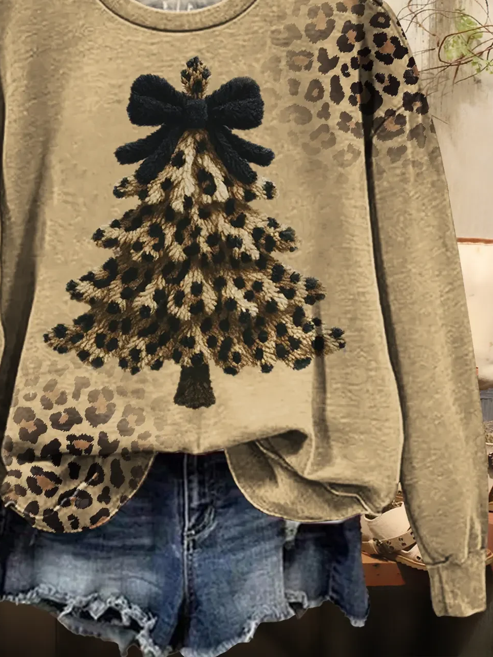 Women Leopard Crew Neck Printing Casual Spring/Fall Long Sleeve Sweatshirt