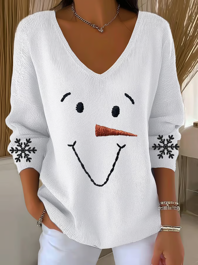 Women Christmas Snowman Long Sleeve Tee T-shirt V Neck Printing Casual Spring/Fall Top