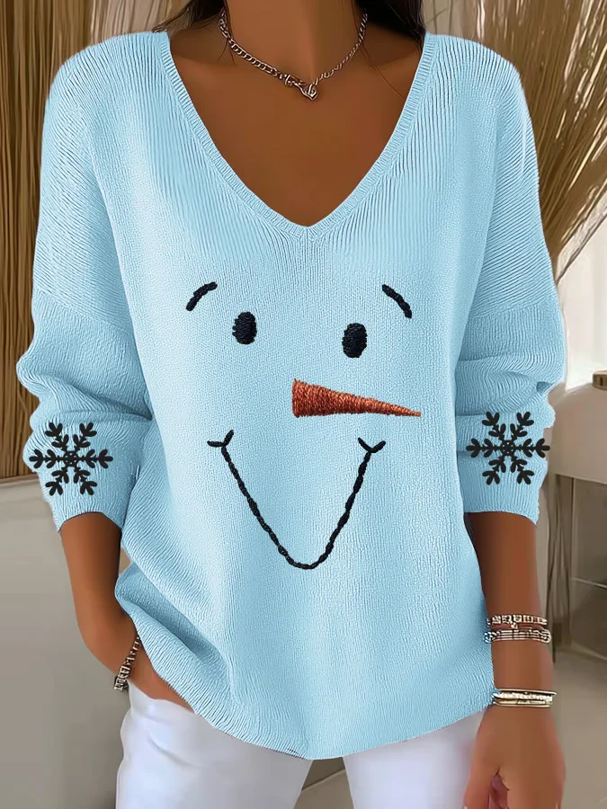 Women Christmas Snowman Long Sleeve Tee T-shirt V Neck Printing Casual Spring/Fall Top
