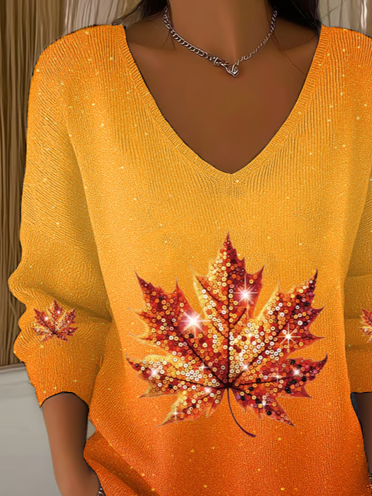 Women Maple Leaf Long Sleeve Tee T-shirt V Neck Printing Casual Spring/Fall Top
