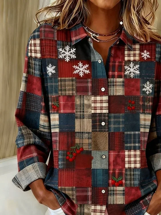 Women Christmas Long Sleeve Shirt Spring/Fall Buckle Shirt Collar Regular Sleeve Daily Casual Top